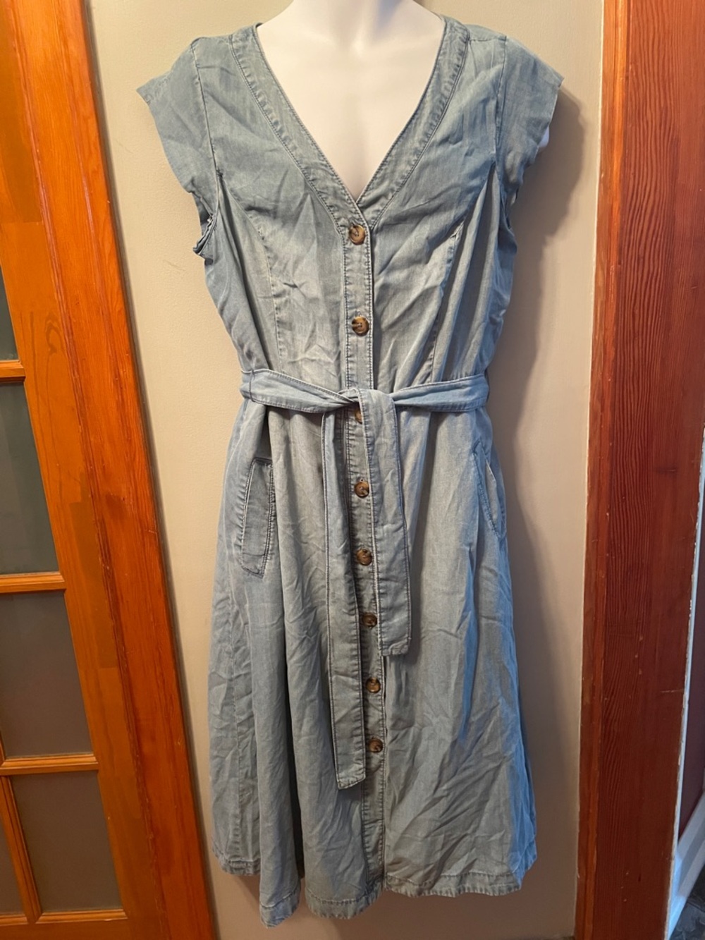 Light Blue Denim Button-Front Coastal Cottagecore Casual Tie Waist Midi Dress
